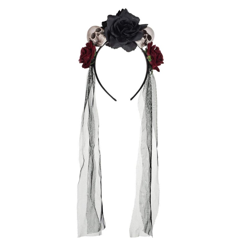 Vividsun Day of The Dead Headband Costume Rose Mexican Flower Headband (black skull) - Image 1